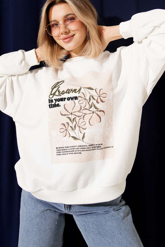 Floral Embroidered Oversized Sweatshirt Ecru