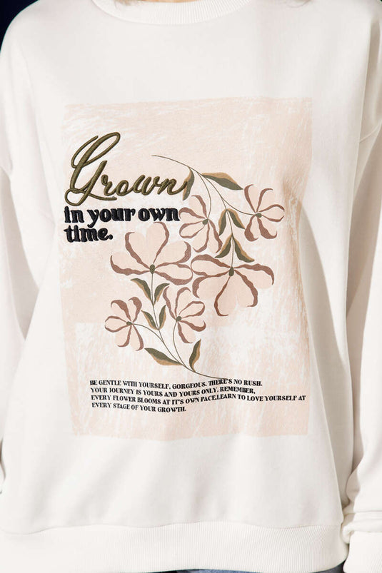 Floral Embroidered Oversized Sweatshirt Ecru