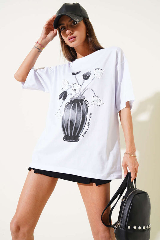 T-shirt blanc à sequins imprimés de fleurs