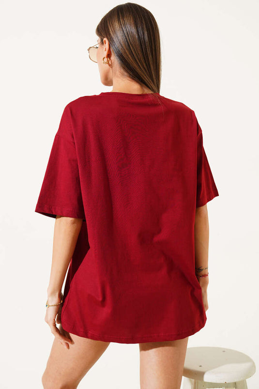 Çiçek Baskılı Pullu T-shirt Bordo