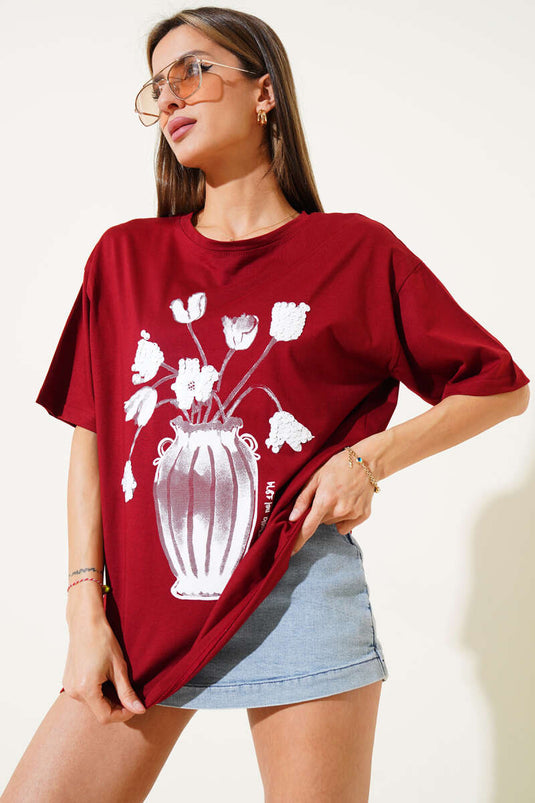 Çiçek Baskılı Pullu T-shirt Bordo