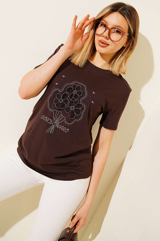 T-shirt con bouquet di fiori e pietre, colore caffè