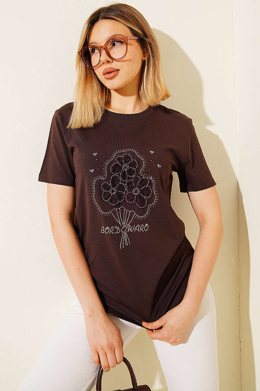 T-shirt con bouquet di fiori e pietre, colore caffè