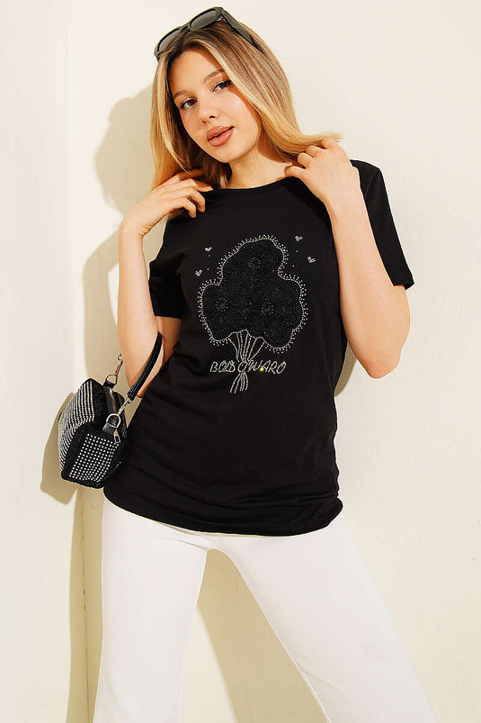 Çiçek Buketli Taşlı T-shirt Siyah