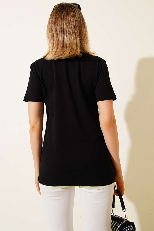 Çiçek Buketli Taşlı T-shirt Siyah