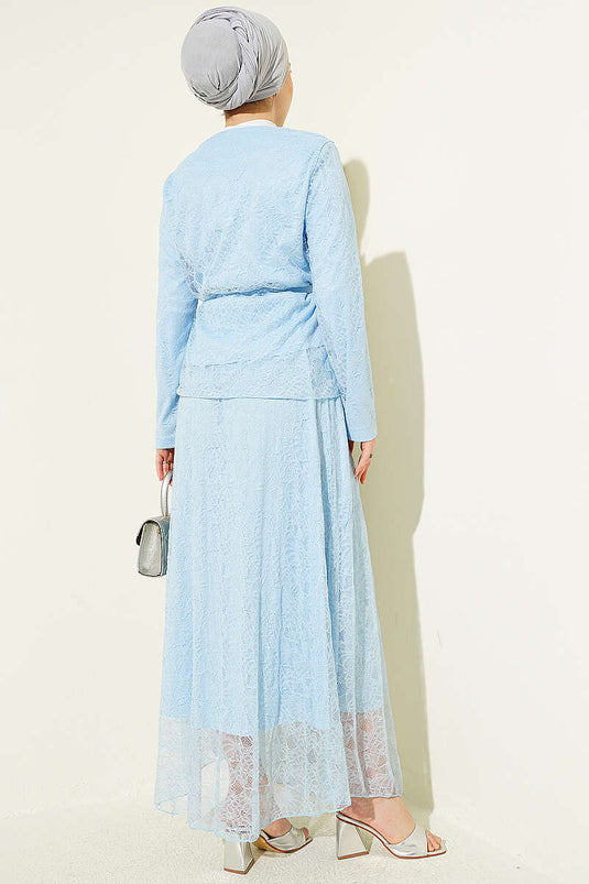 Floral Snap-Button Lace Skirt Two-Piece Set Baby Blue