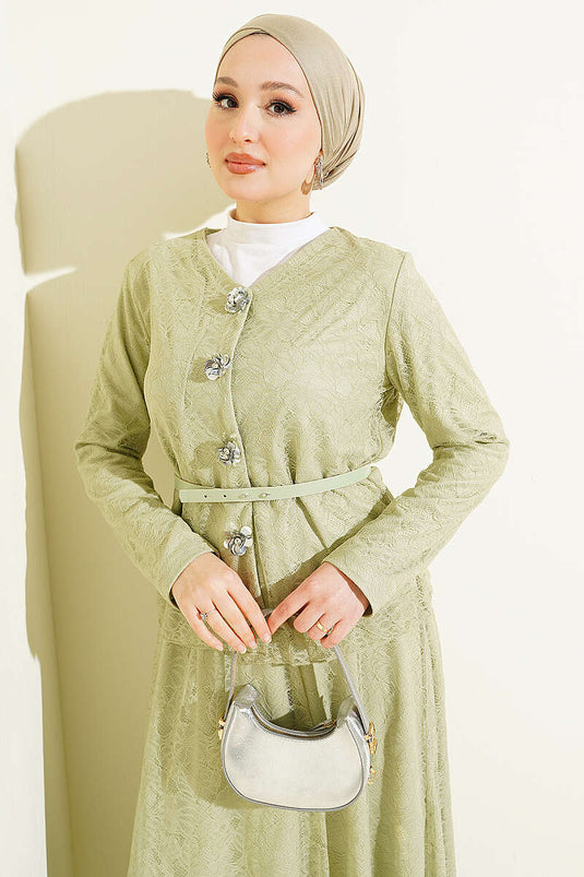 Ensemble deux pièces avec jupe à boutons-pression en dentelle, couleur vert pistache