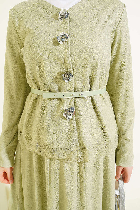 Ensemble deux pièces avec jupe à boutons-pression en dentelle, couleur vert pistache