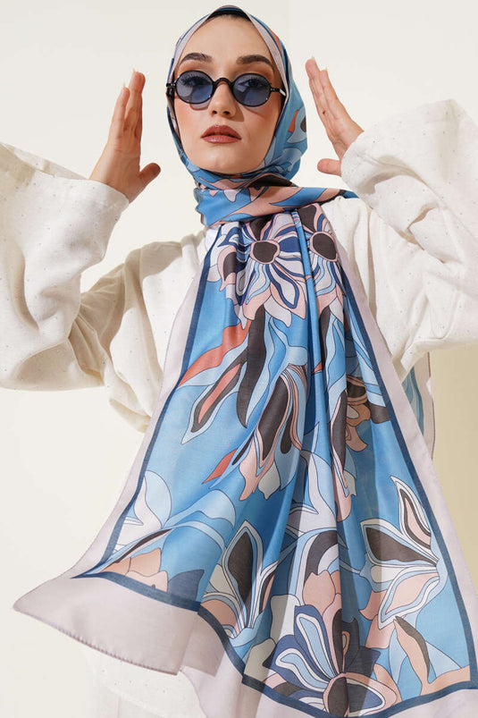 Çiçek Çizgili Soft Şal Mavi