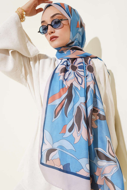 Çiçek Çizgili Soft Şal Mavi