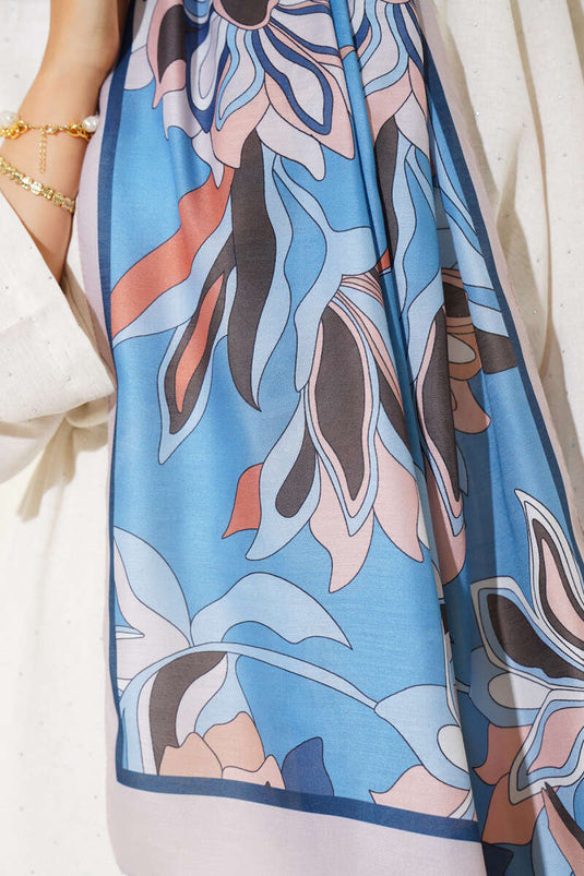 Çiçek Çizgili Soft Şal Mavi