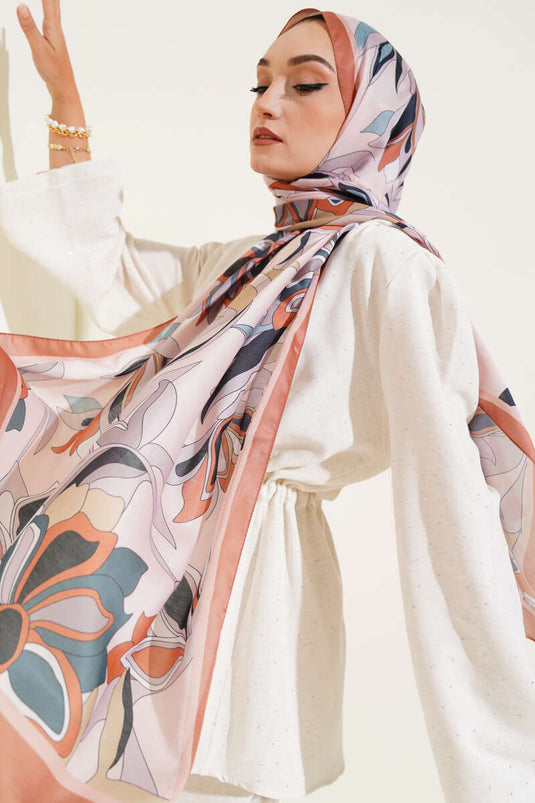 شال ناعم مخطط بنقوش زهرية، لون بني فاتح