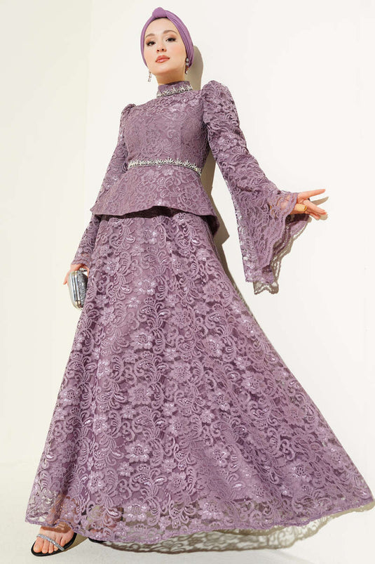 Floral Lace and Stone-Embellished Evening Two-Piece Set Lilac