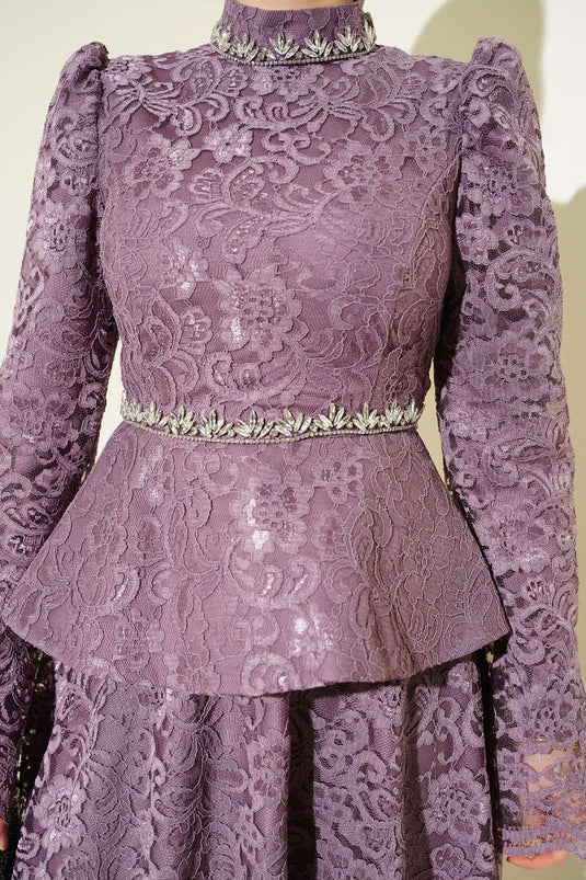 Floral Lace and Stone-Embellished Evening Two-Piece Set Lilac