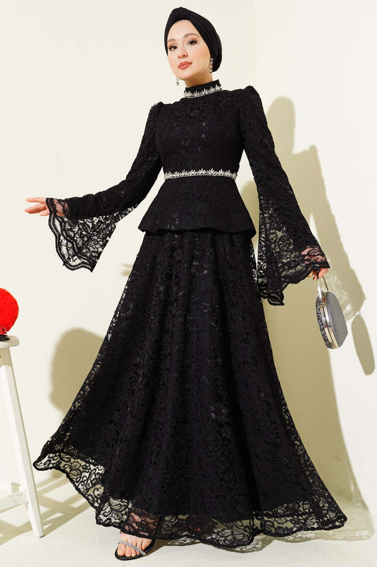 Black Evening Dress Two-Piece Set with Floral Lace and Stones