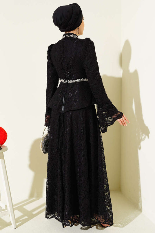 Black Evening Dress Two-Piece Set with Floral Lace and Stones