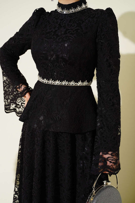Black Evening Dress Two-Piece Set with Floral Lace and Stones