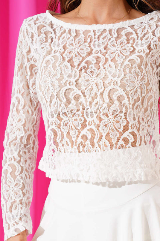 Floral Lace Tulle Blouse White