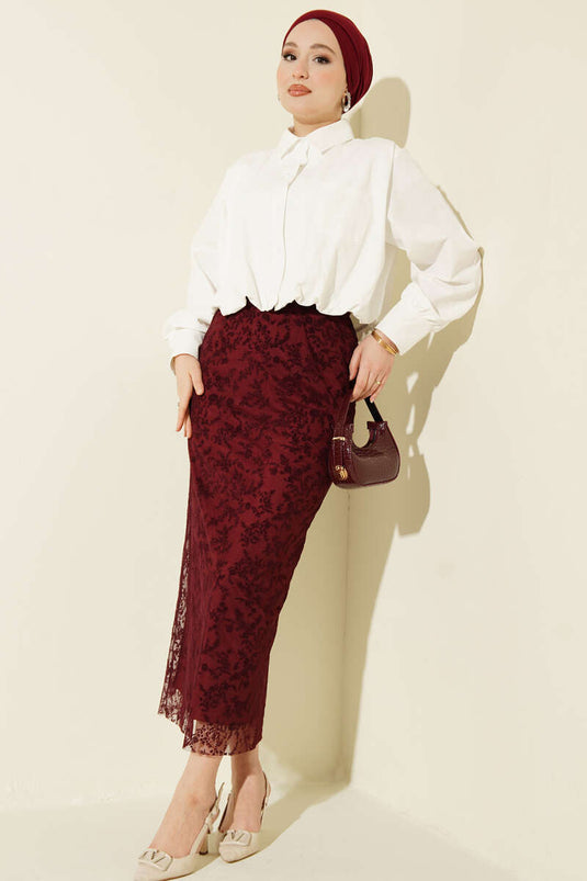 Burgundy Tulle Pencil Skirt with Floral Lace