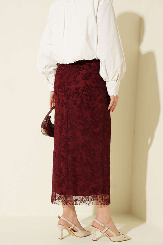 Burgundy Tulle Pencil Skirt with Floral Lace