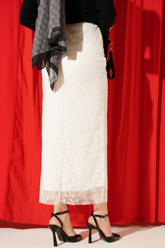 Ivory Tulle Pencil Skirt with Floral Lace