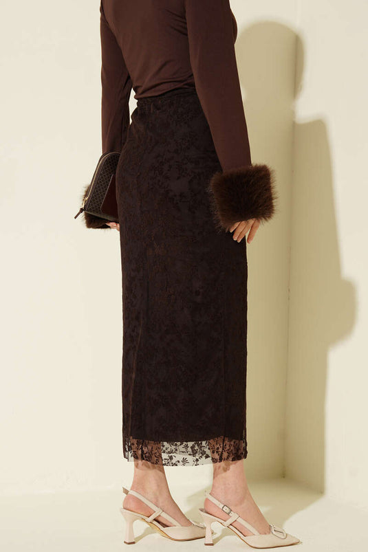 Floral Lace Tulle Pencil Skirt Brown