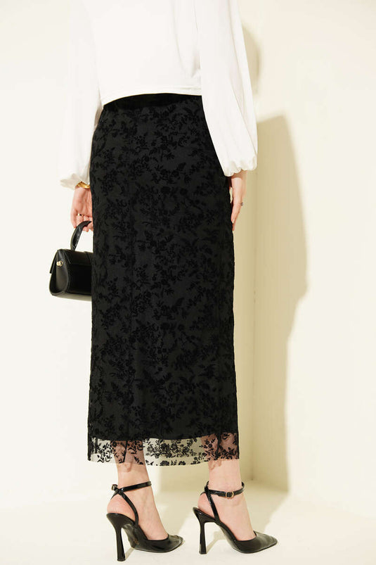 Black Tulle Pencil Skirt with Floral Lace