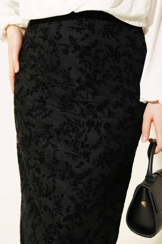 Gonna a matita in tulle con pizzo floreale nera