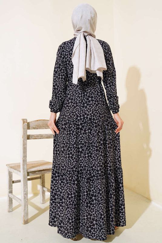 Flower Pattern Belted Dress Black