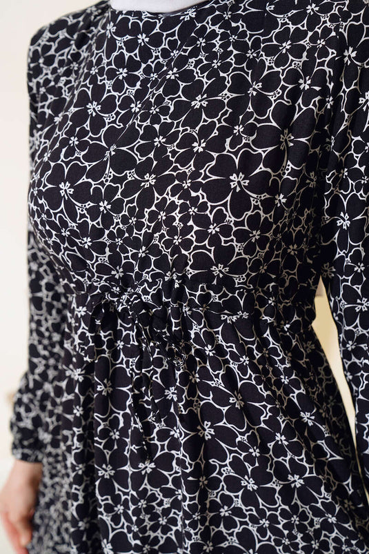 Flower Pattern Belted Dress Black