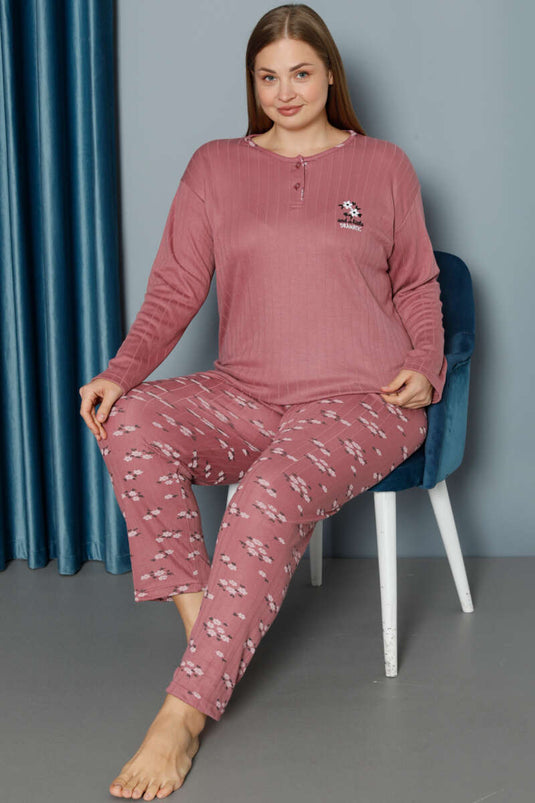 Ensemble pyjama grande taille à côtes et motif floral, rose