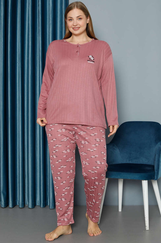 Ensemble pyjama grande taille à côtes et motif floral, rose