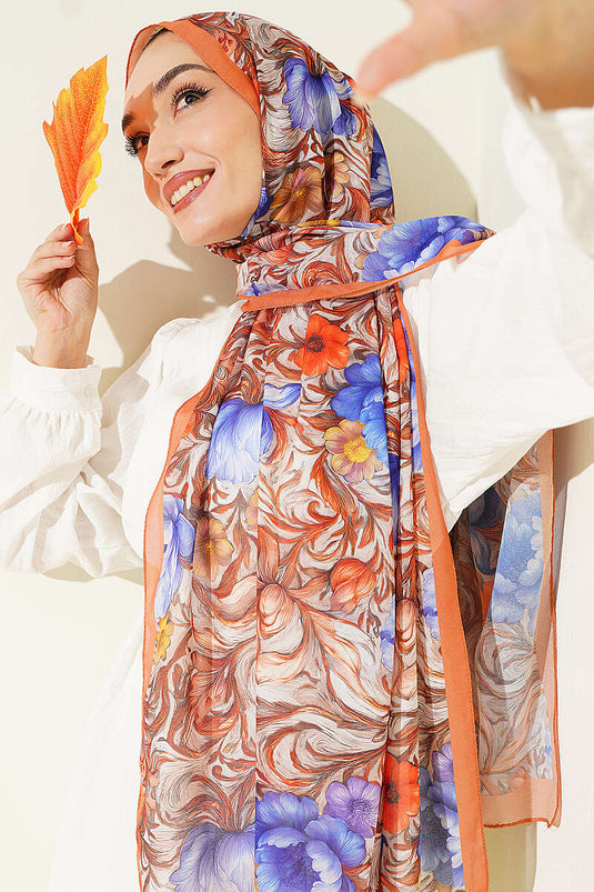 Çiçek Desen Fransız İpeği Şal Oranj