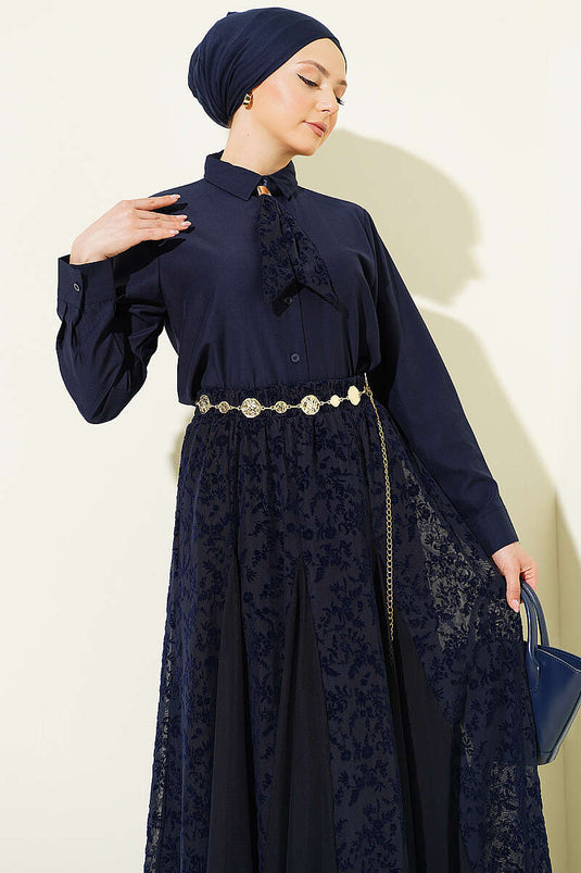 Navy Blue Set with Floral Pattern Scarf and Tulle Skirt