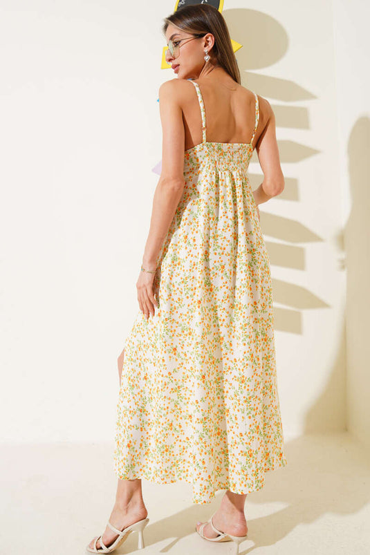 Beige Midikleid mit Blumenmuster und Kordelträgern