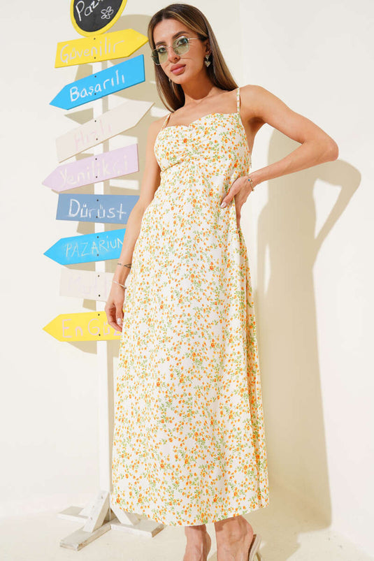 Beige Midikleid mit Blumenmuster und Kordelträgern