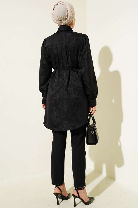 Flower Pattern Rope Belt Jacquard Shirt Black