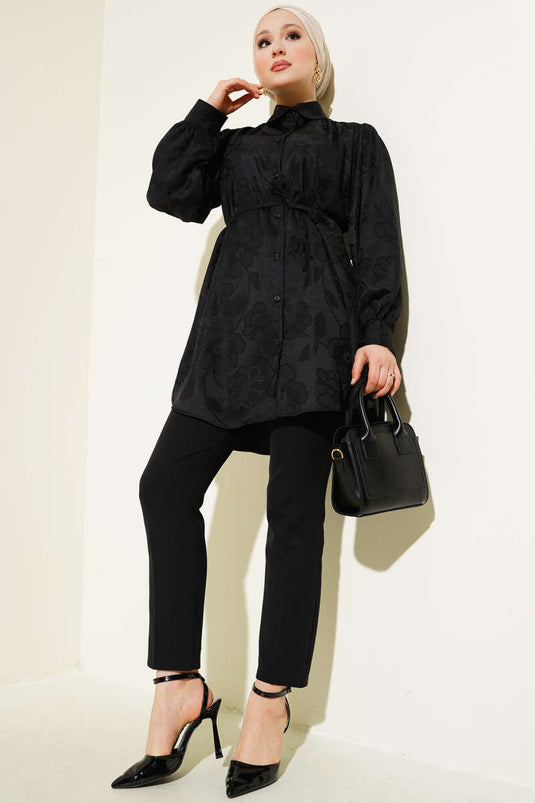Flower Pattern Rope Belt Jacquard Shirt Black