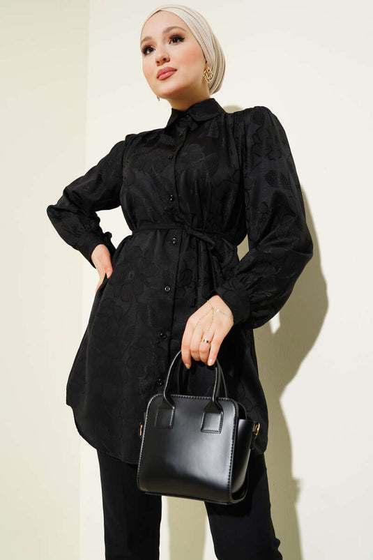 Flower Pattern Rope Belt Jacquard Shirt Black