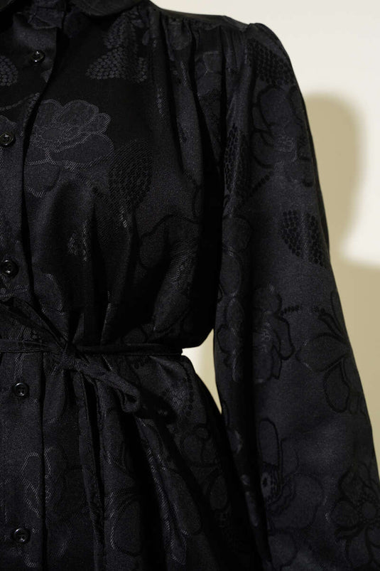 Flower Pattern Rope Belt Jacquard Shirt Black