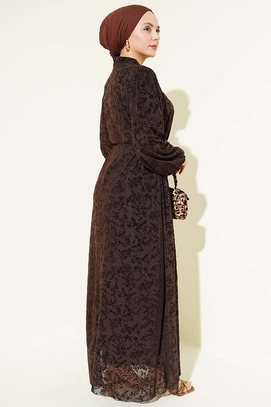 Robe en tulle à ceinture corde avec motif floral, couleur café