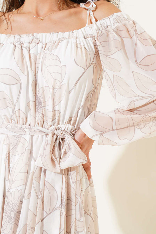 Vestido de gasa con cuello barco y estampado floral en beige