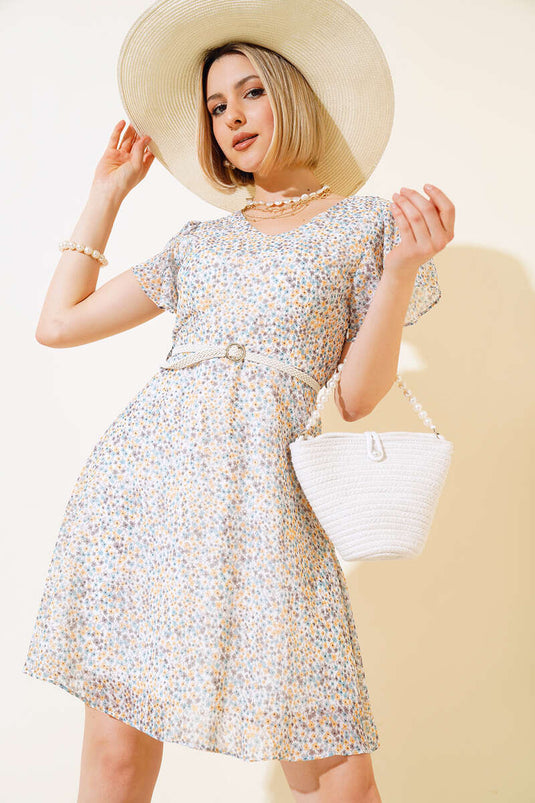 Mini-Robe Ceinturée Motif Fleurs Ecru