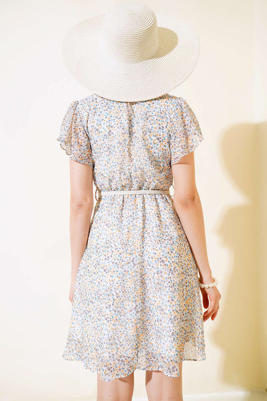 Mini-Robe Ceinturée Motif Fleurs Ecru