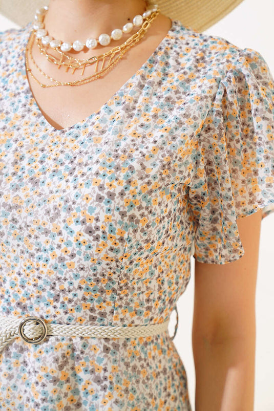 Mini-Robe Ceinturée Motif Fleurs Ecru