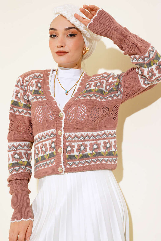 Flower Pattern Short Knit Cardigan Rose Pink