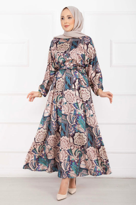 Robe voilée ceinturée à motif floral beige