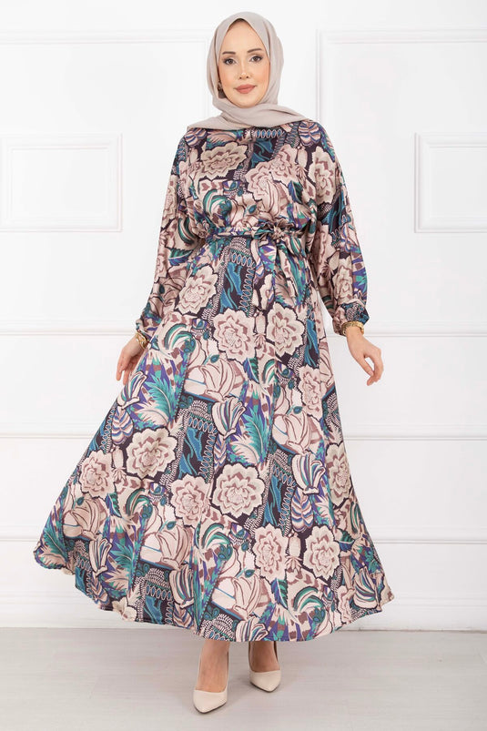 Robe voilée ceinturée à motif floral beige