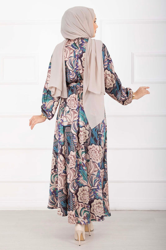 Robe voilée ceinturée à motif floral beige