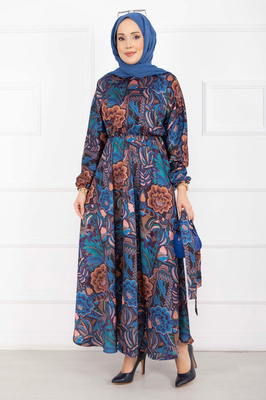 Robe voilée à ceinture motif floral indigo